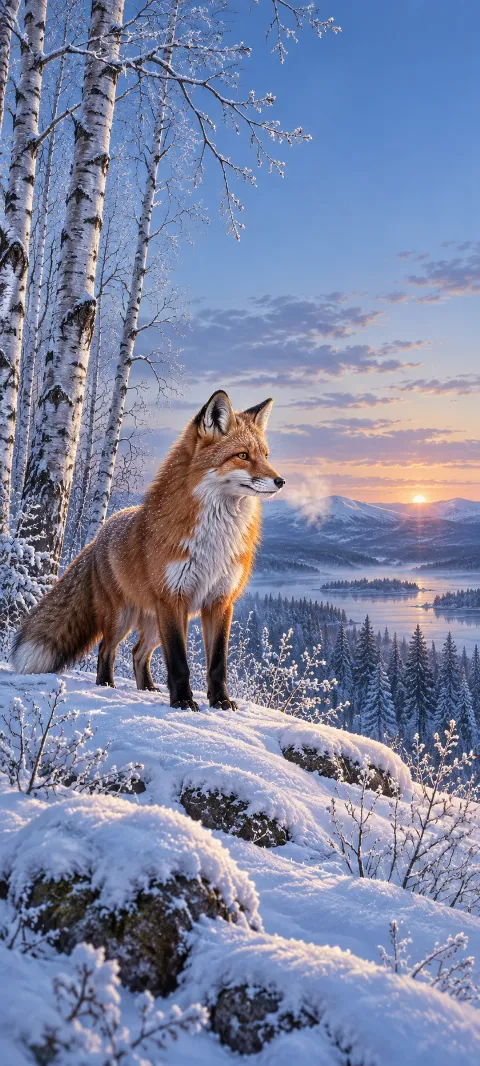 A red fox stands on a snowy rise beside frosted birch trees at dawn.