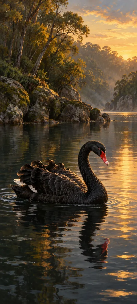 A whole black swan with a red bill gliding through golden reflections in a wooded cove.