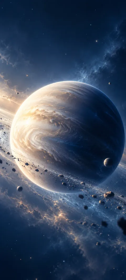 A pearl planet turning through blue shadow in deep space.