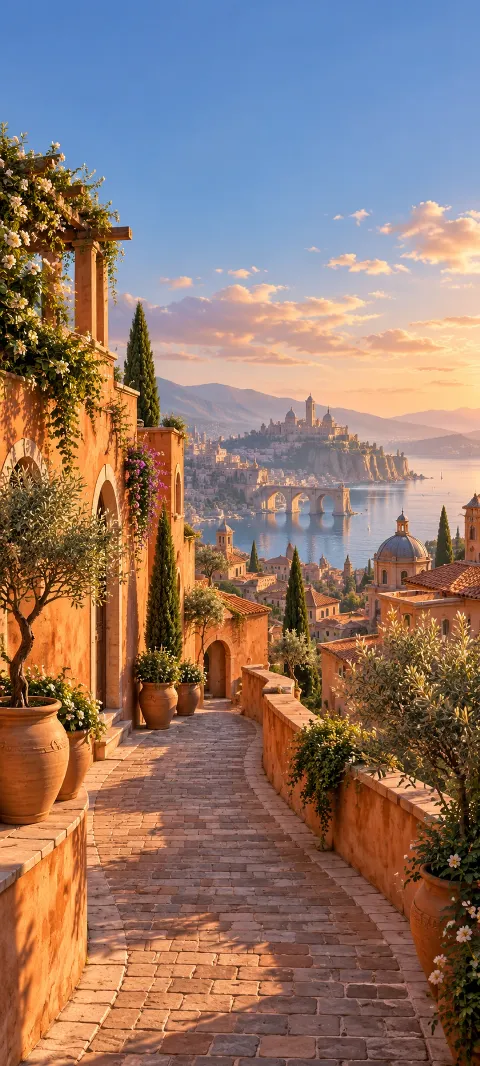A rooftop lane winds between terracotta walls.