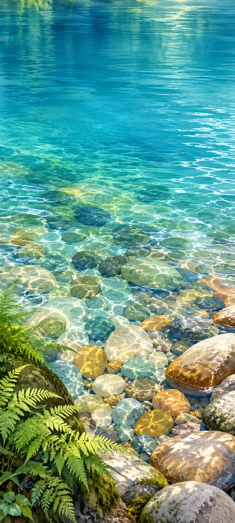 Smooth pebbles under clear turquoise river water with ferns and sunlit shore stones.