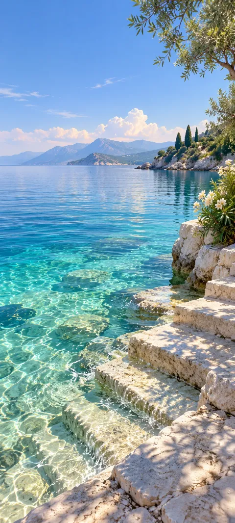 Clear lagoon water laps against pale stone steps.