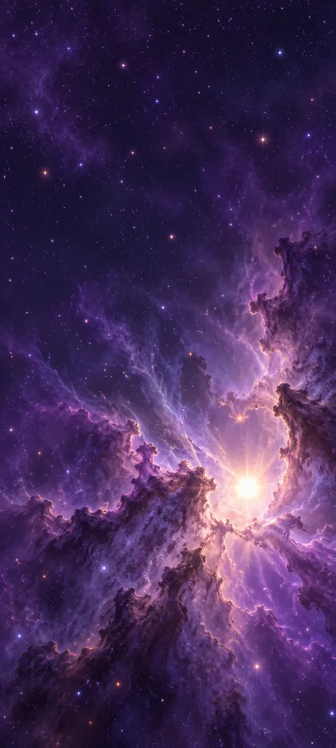 Bright white star shining between violet nebula pillars and fine cosmic dust.