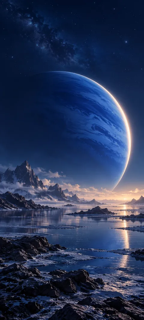 A cobalt planet rises above an icy reflective plain beneath stars.