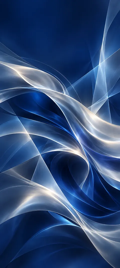 Silver abstract folds and translucent planes across a midnight blue background.