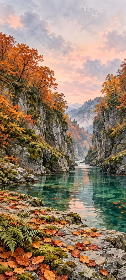Jade river between mossy autumn gorge cliffs with orange leaves and ferns.