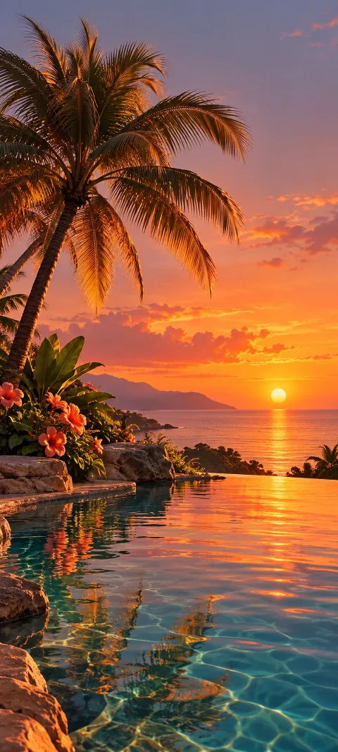 A copper-lit palm frond arcs across a dark tropical background.