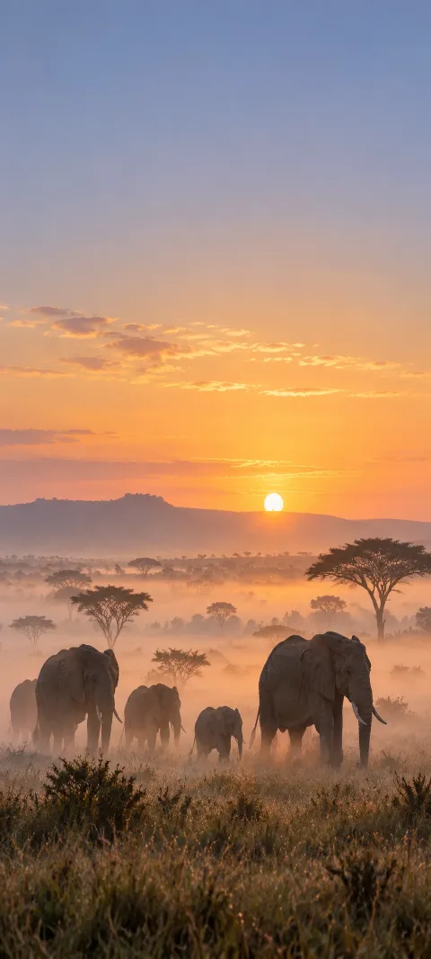 Elephants move through low dawn mist.