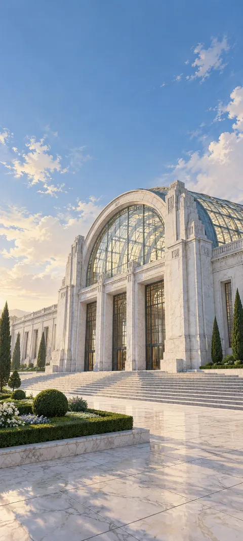 A white marble station with tall columns, an arched glass roof, broad stairs and a small hedge garden beneath blue sky.