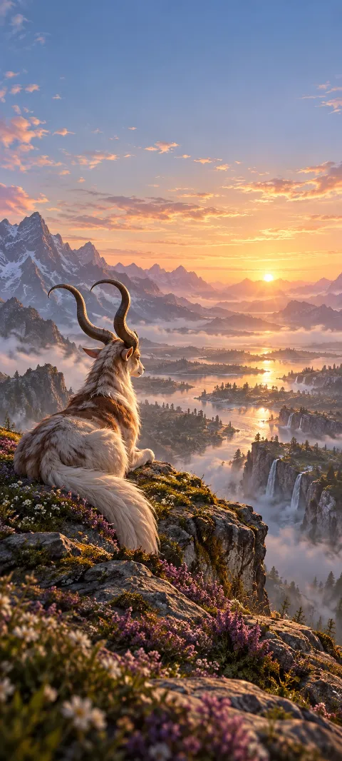 White horned fantasy creature resting above a sunrise valley.