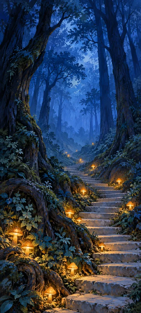 Winding stone stairs lined with glowing mushrooms in a dark blue forest.