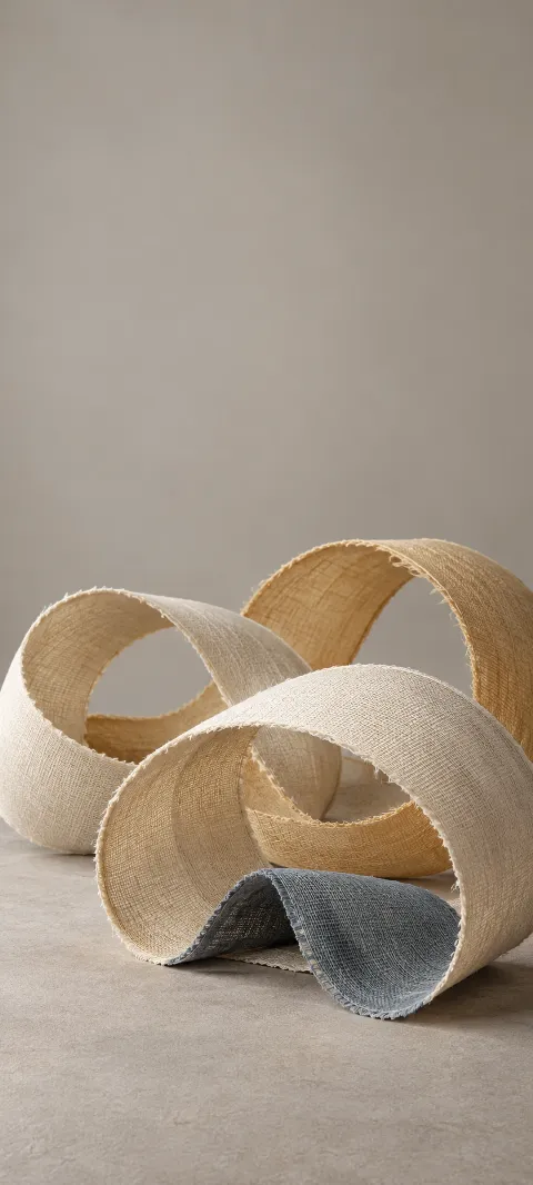 Ivory and ochre linen loops over a slate-blue fold on warm gray.
