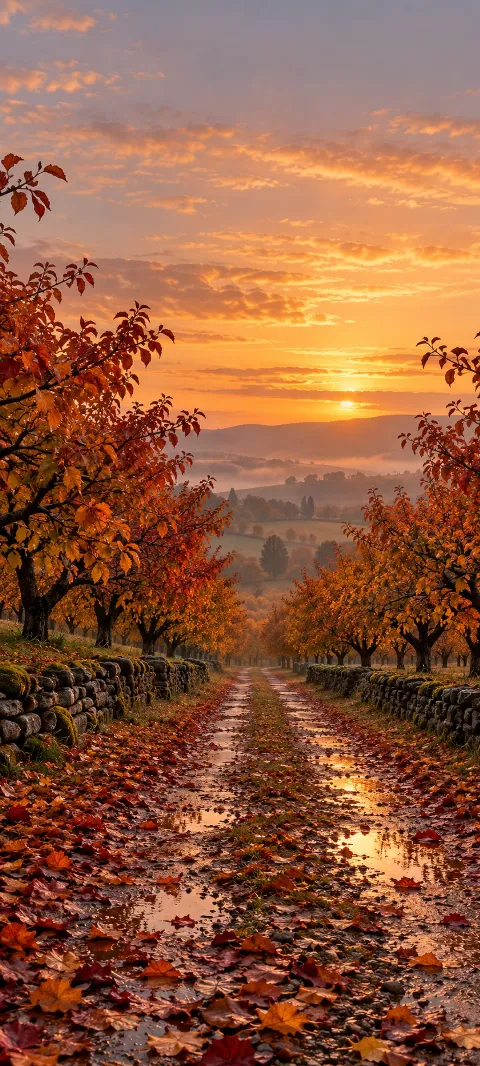 An orchard lane recedes between russet trees and fallen leaves.