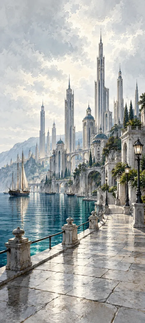 Pale silver city towers above blue harbor water and a lamp-lined stone walkway.