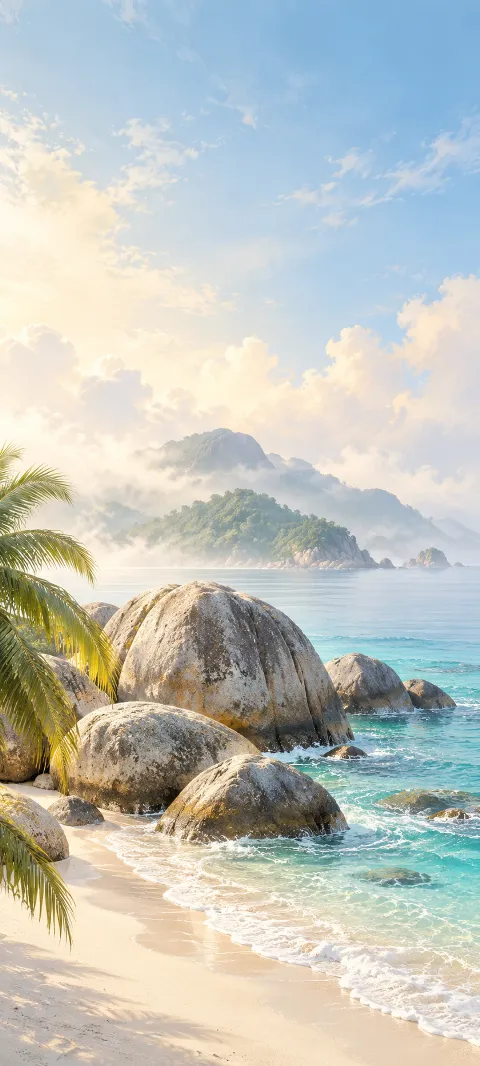 Granite boulders and palm fronds beside turquoise surf and a misty green island.