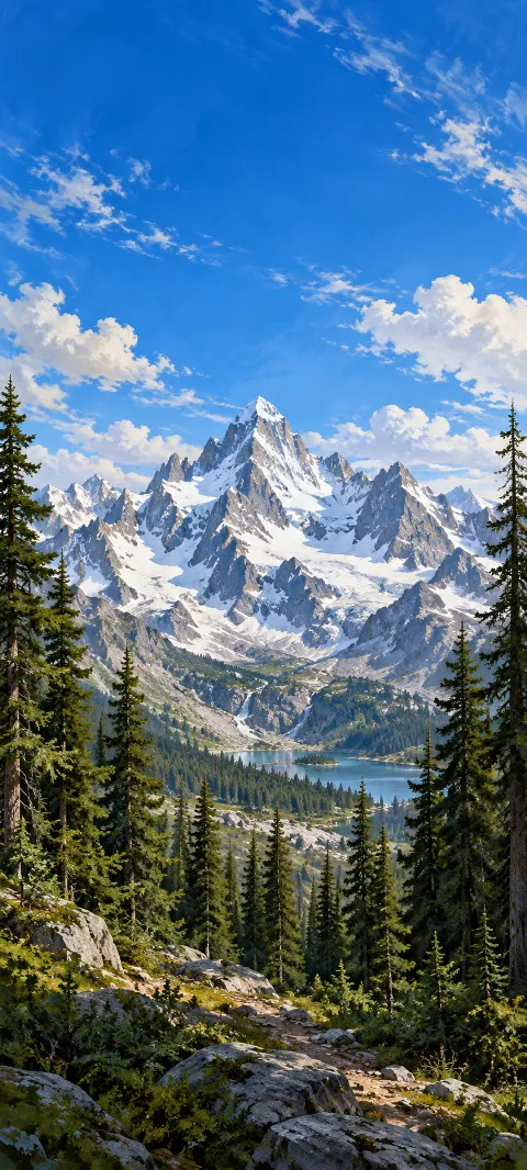Jagged snow-covered mountain framed by evergreen trees with a lake in the valley.