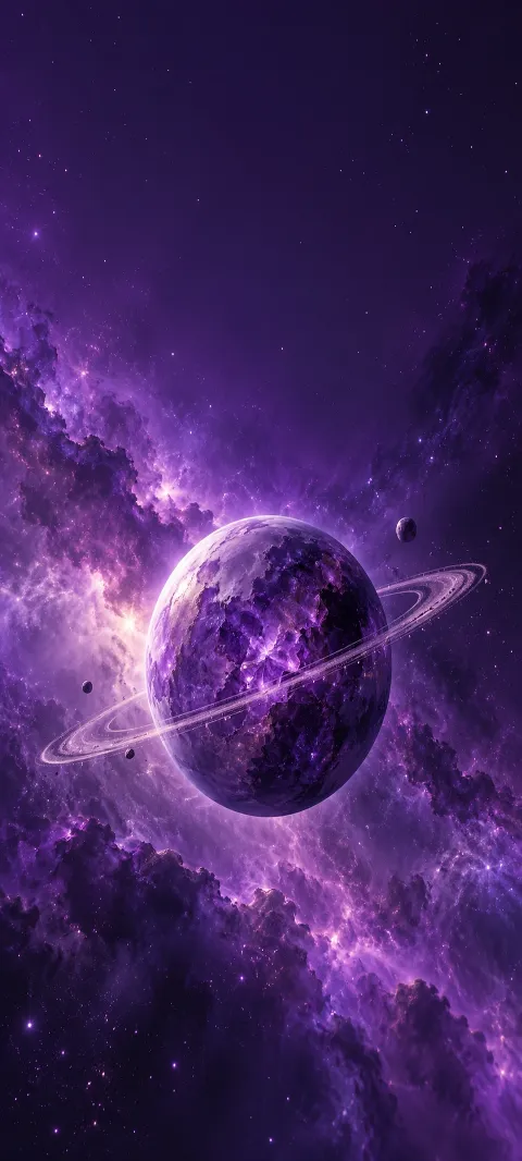 A small amethyst planet with a thin ring floats before violet dust.