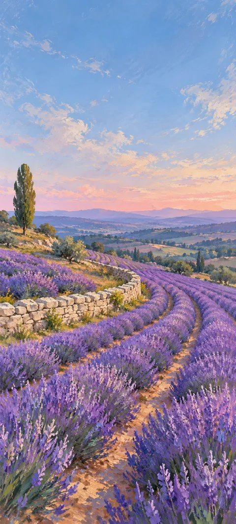 Curving lavender rows beside a low stone wall with a solitary poplar beneath pink and blue sky.