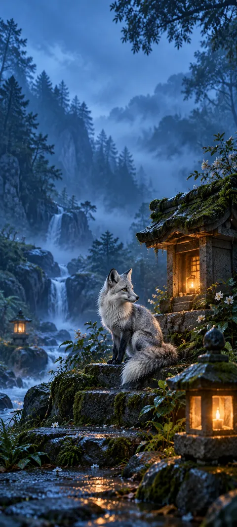 A silver fox pauses beside a stone shrine.