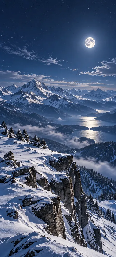 An alpine shelf glows beneath a clear moonlit sky.