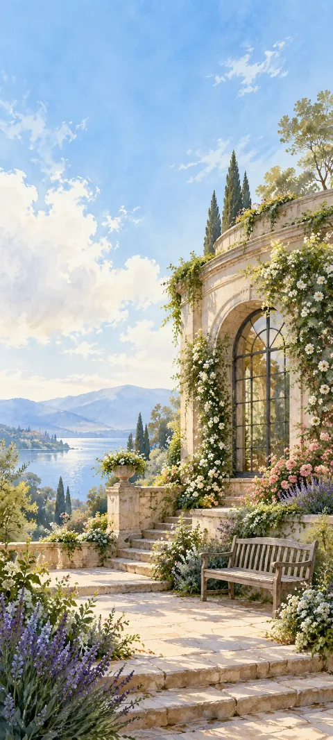 Arched sandstone window with climbing flowers, stone steps and a wooden bench overlooking a lake.