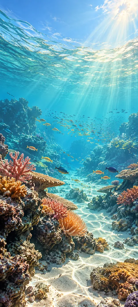 Sunbeams and fish over coral beside a turquoise underwater channel.