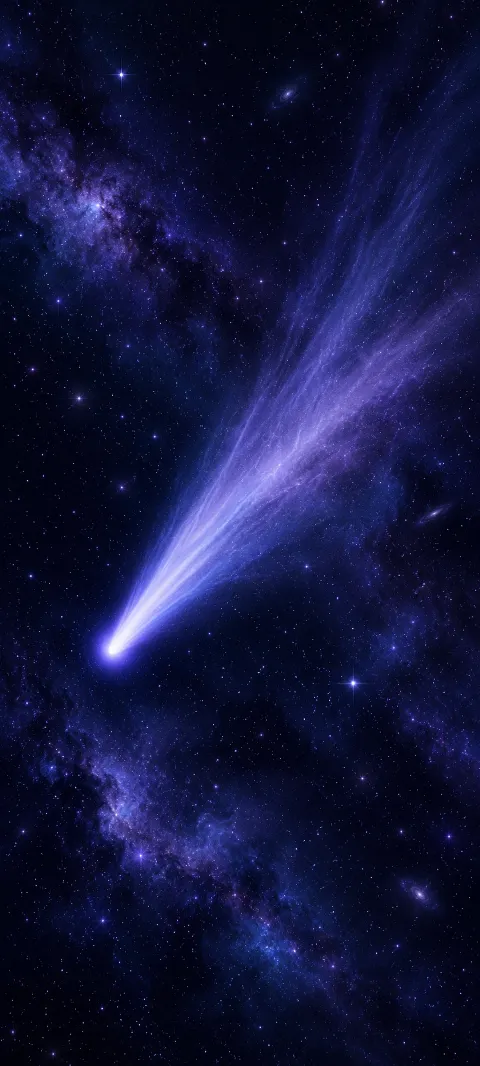 A slender comet crosses an indigo field of sparse stars.