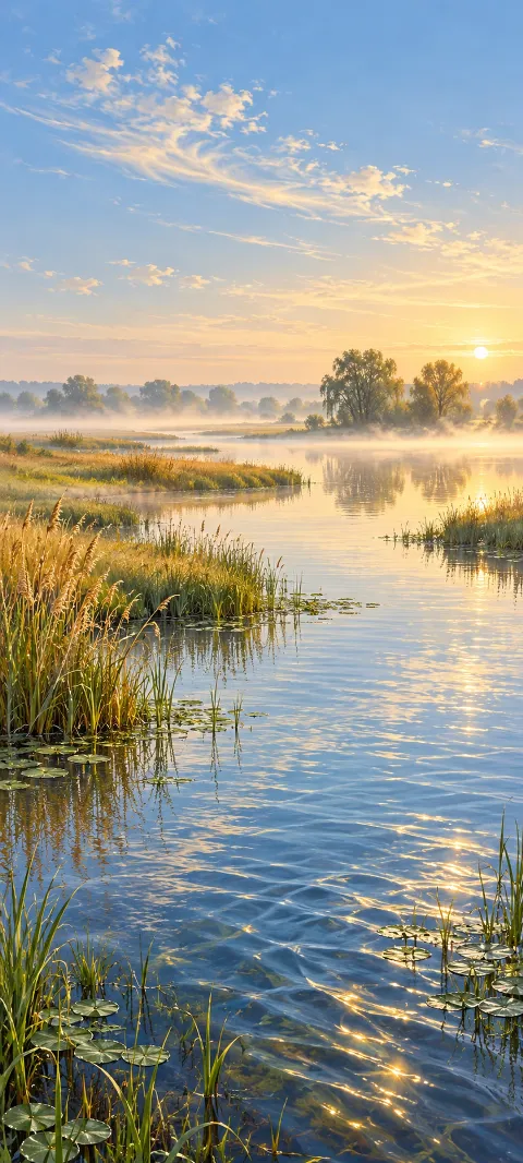 Sunrise over marsh water with reeds, low mist and reflected trees.