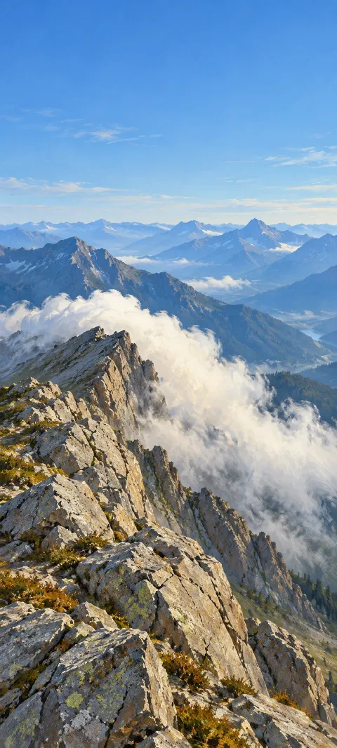 White cloud spilling over an angular lichen-covered granite ridge with distant blue mountains.