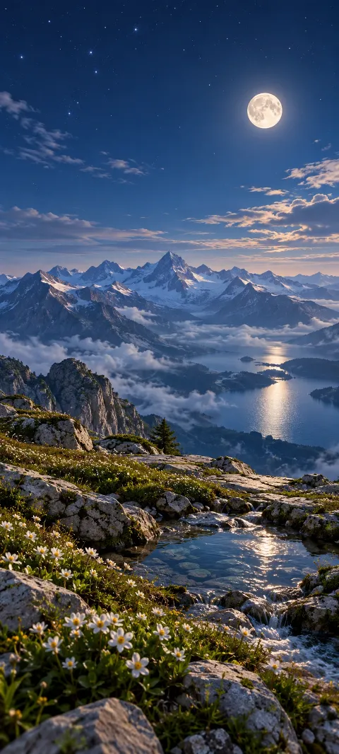 An alpine shelf glows beneath a clear moonlit sky.
