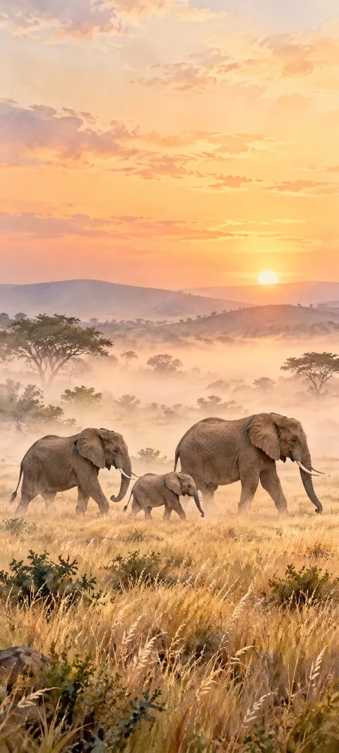 Two elephants and a small calf walking right through golden misty grass.