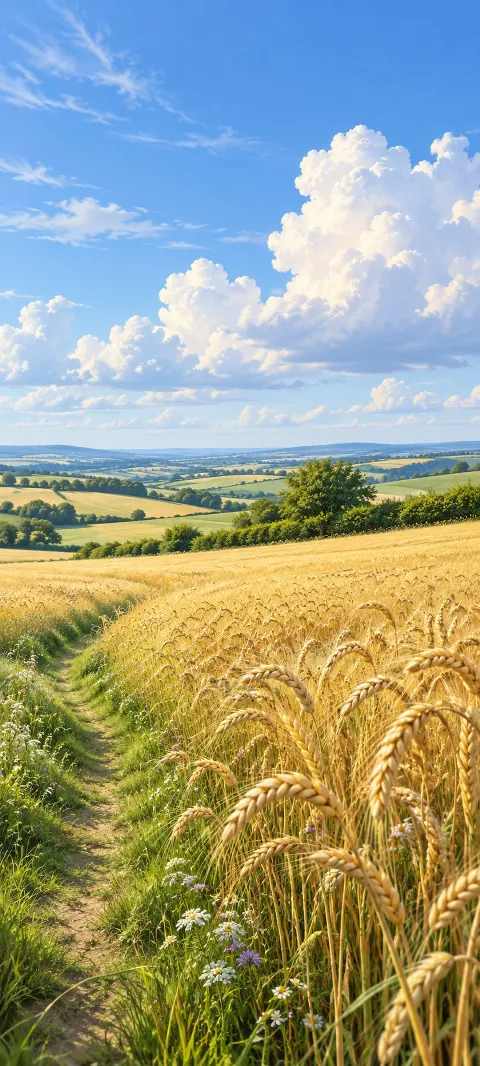 Golden wheat beside a curving grassy path beneath white summer clouds.