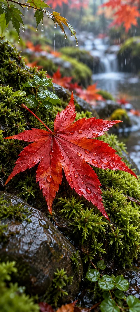 A red maple leaf rests over moss in soft rain.