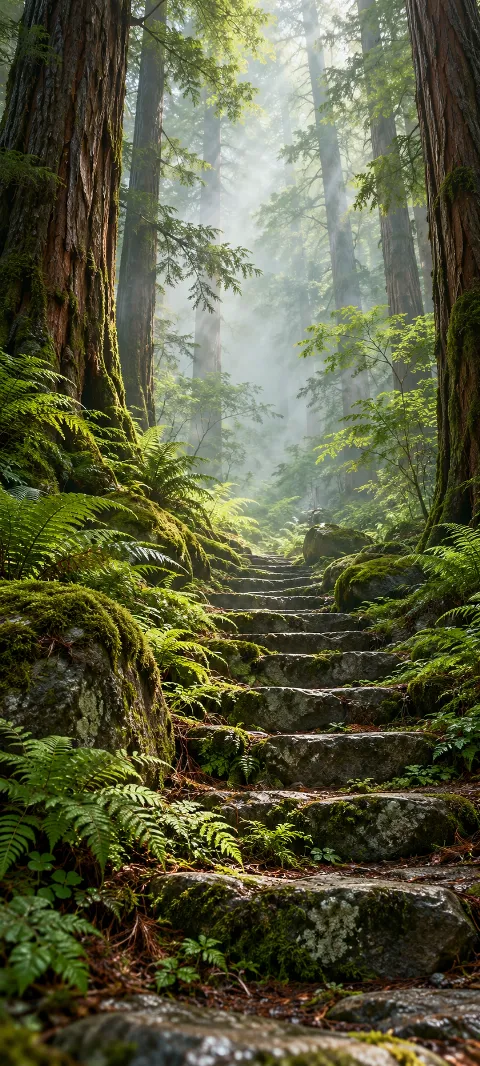Mossy stone steps climbing between cedar trunks and ferns into forest mist.