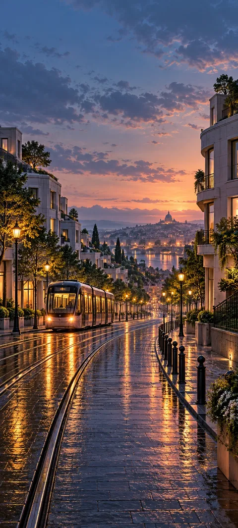 A rainlit tram avenue curves between pale modern buildings.