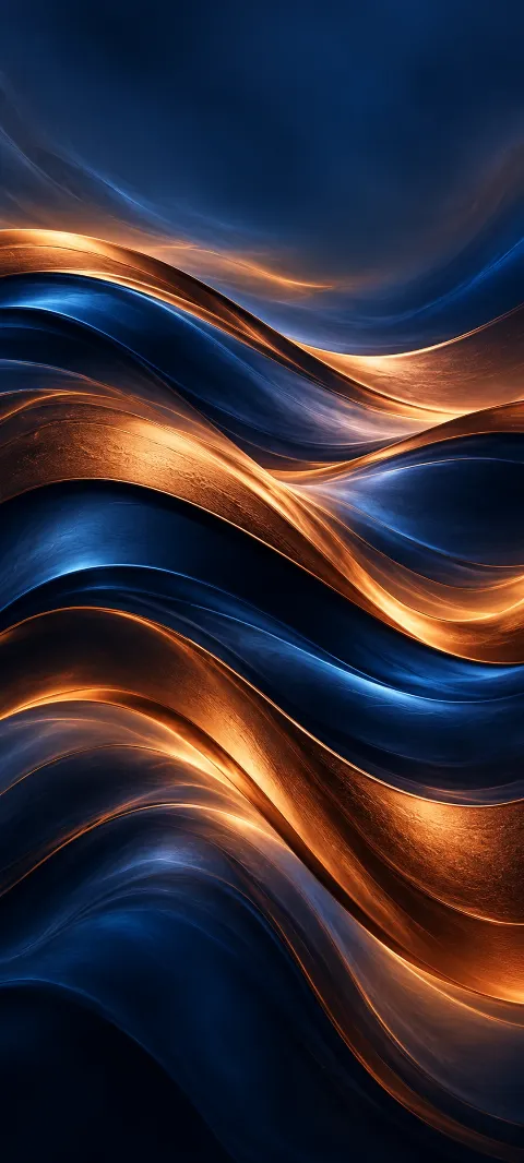 Indigo and copper bands fold through a deep blue field.