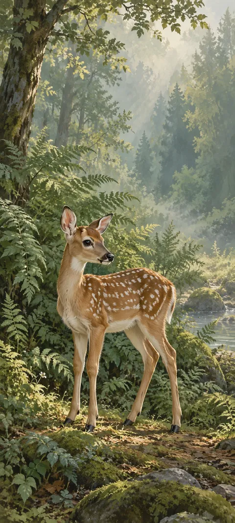 Spotted fawn standing among woodland ferns, mossy rocks and softly lit green trees.