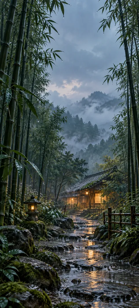 A narrow clearing opens through tall bamboo in gentle rain.