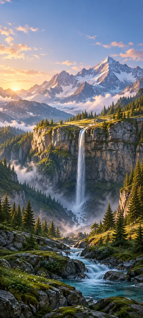 A tall waterfall drops from an alpine cliff beneath snowy peaks.