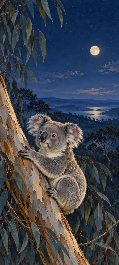 Koala gripping a eucalyptus trunk beneath a full moon in a blue night sky.