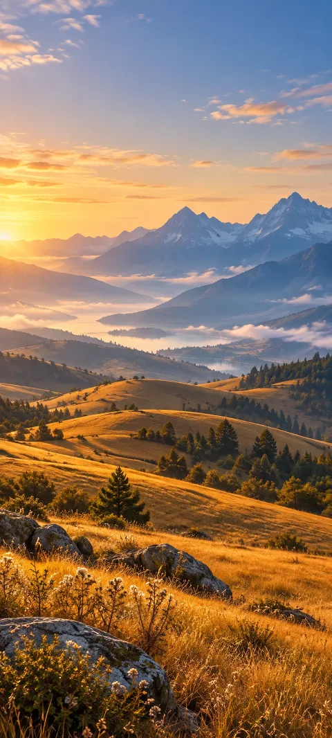 Golden foothills and a lake below blue-gray mountains and low clouds.