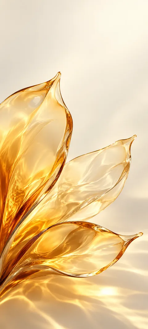 Three pointed translucent amber glass forms with gold edges on a cream background.