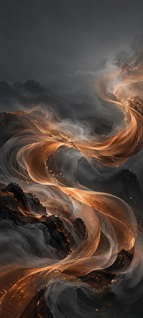 Copper smoke ribbons sweep through a graphite background.