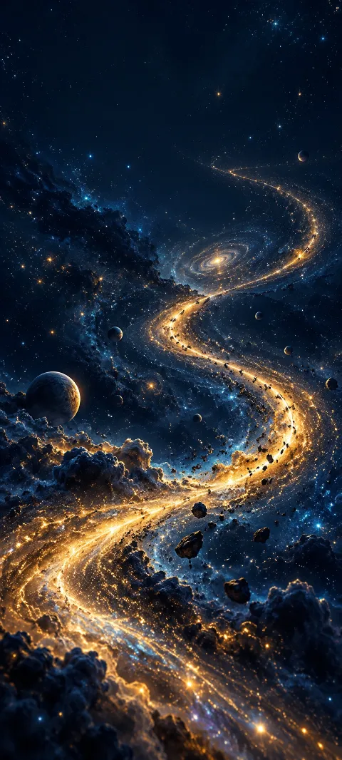A golden galaxy ribbon winds through deep navy space.
