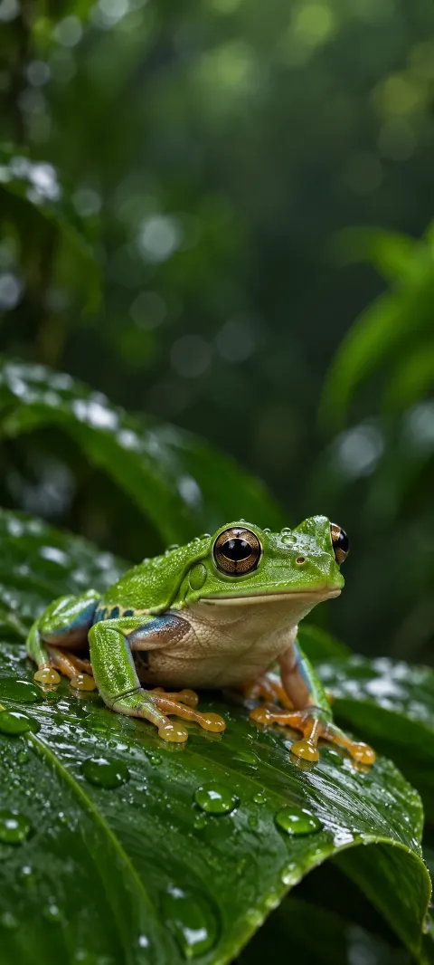 A green tree frog sits on a rain-bright leaf.