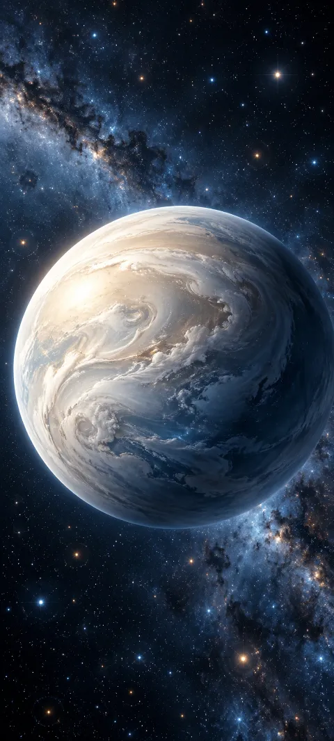 A pearl-colored planet turns through a soft blue shadow.