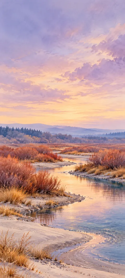 Copper willow shrubs along a winding river between pale sandbars.