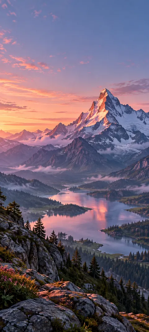 Rose light touches a sharp peak above a quiet valley.
