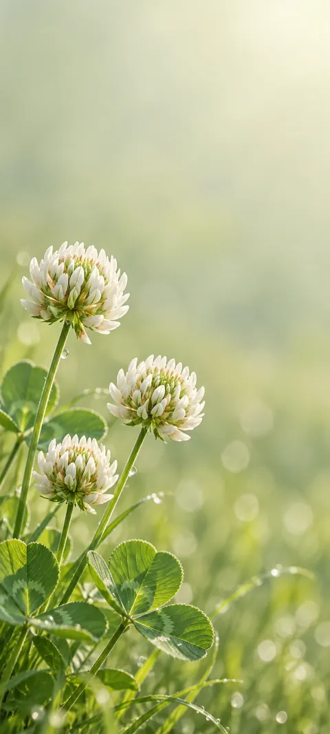 Three white clover flower heads, green leaves and dew against a soft sage backdrop.