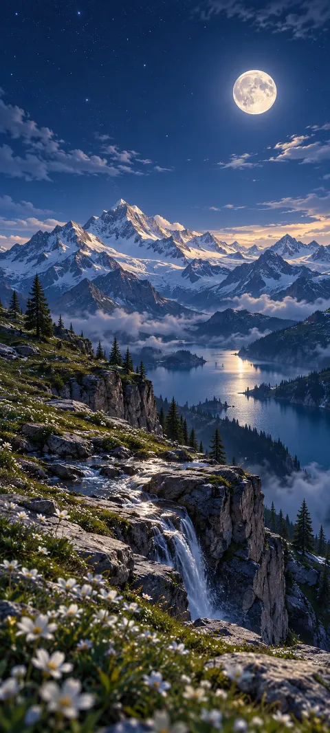 White alpine flowers and waterfalls above a moonlit lake and snowy peaks.